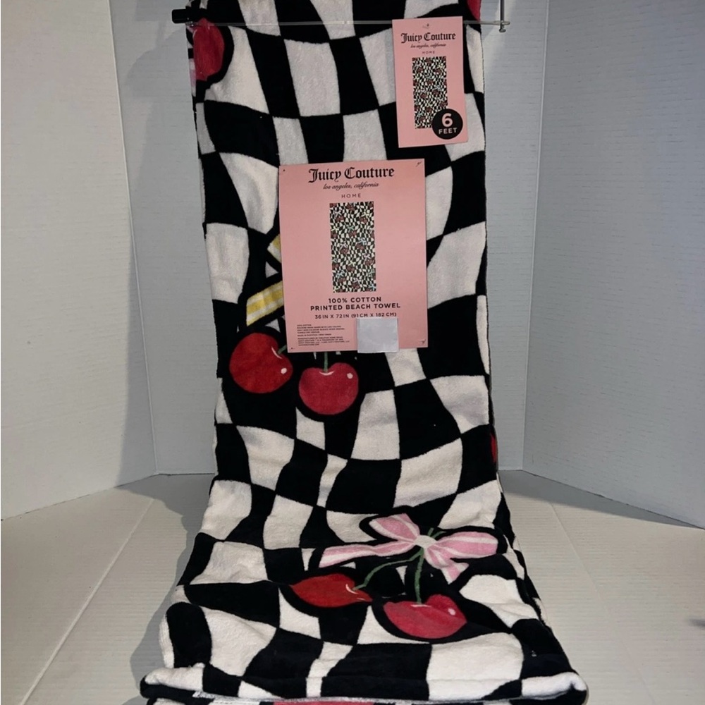 Juicy Couture 36x72 Cotton Beach Pool Towel White Black Checkered Cherry Bow NEW